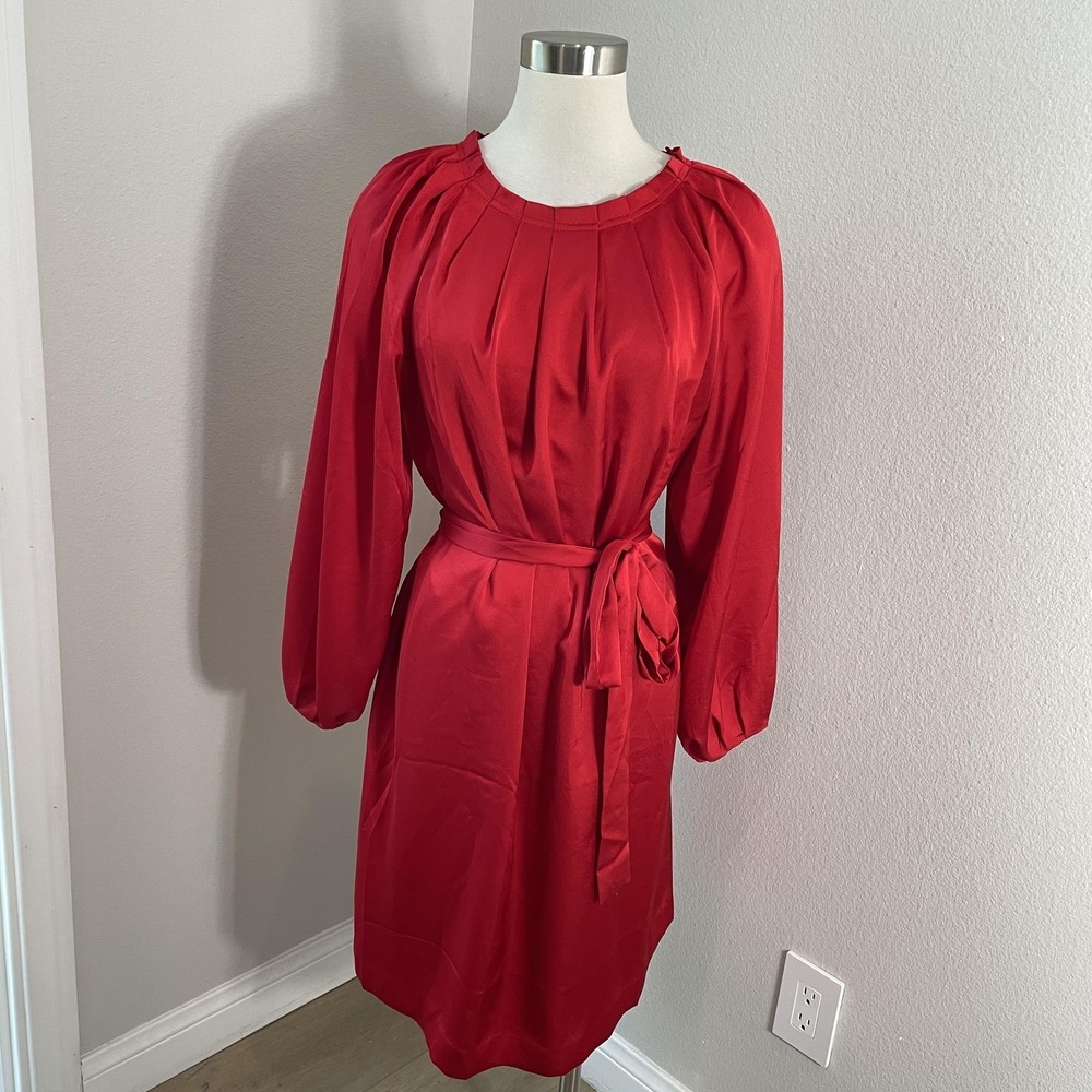 Ann Taylor Dress Womens 14 Red Satin Belted Pleated Long Sleeve‎ Knee Length